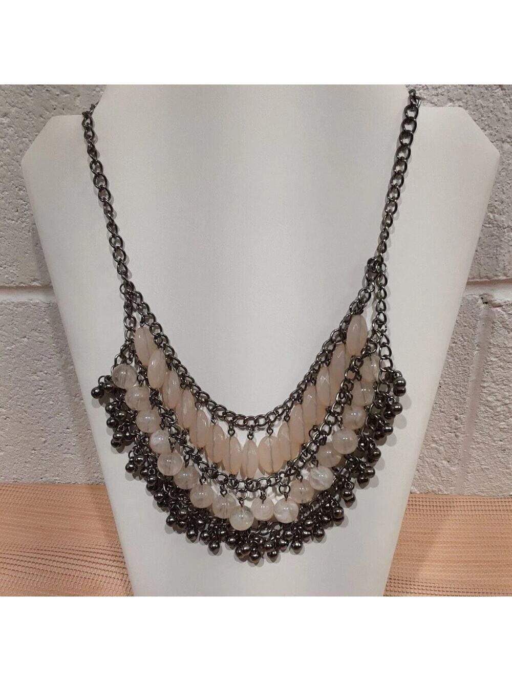 Gunmetal Tiered Bib Necklace Peach Faceted Beads Drip Dangles Adjustable Length